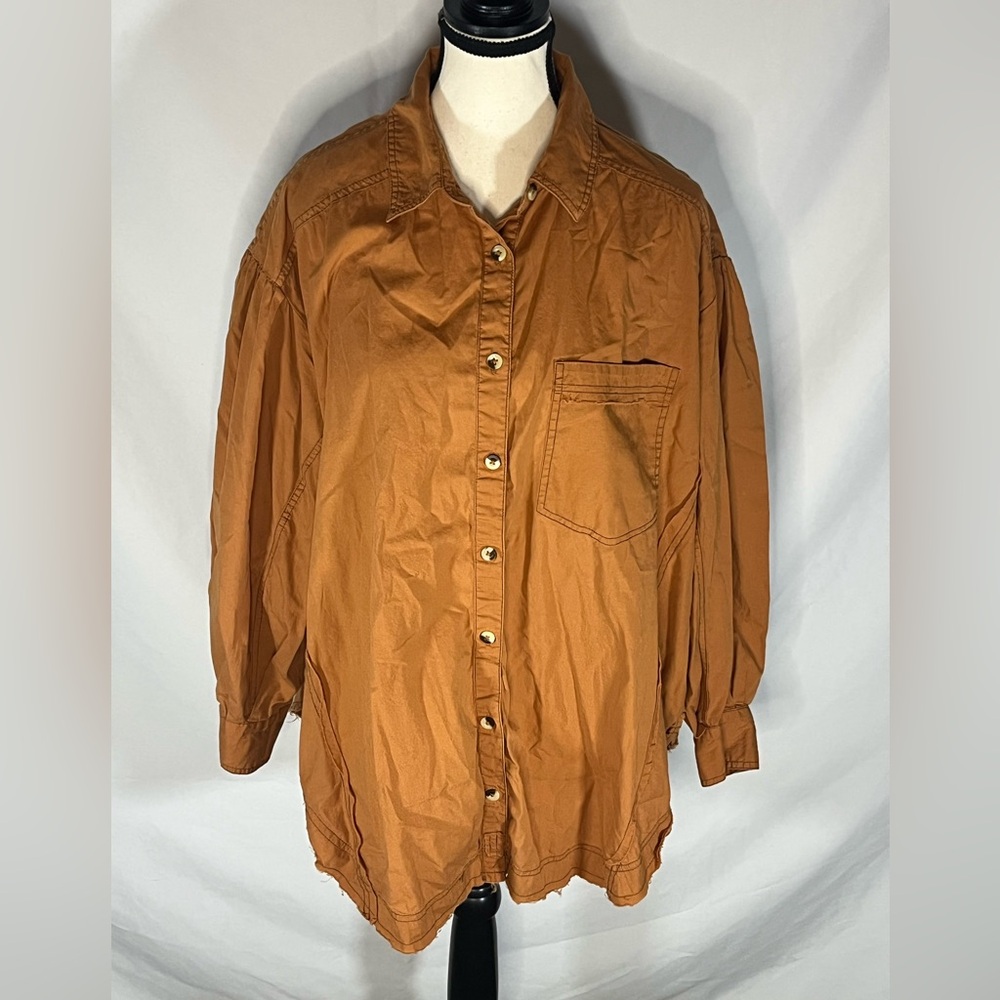We The Free People Oversized Puffed Sleeve Button Down Raw Hem Shirt Medium